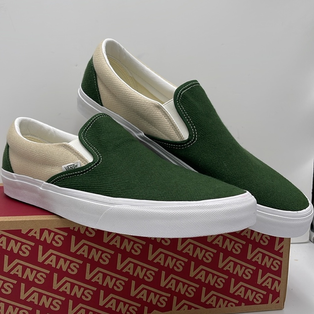 Vans Men’s Green and Cream Slip-On Sneakers 
Twill Turtledove/Green VN0A5JLXCOB - Picture 4 of 16